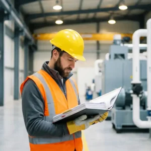 Sicherheitsbeauftragter mit Schutzhelm und Warnweste prüft Compliance-Dokument auf Klemmbrett in moderner Industrieanlage.