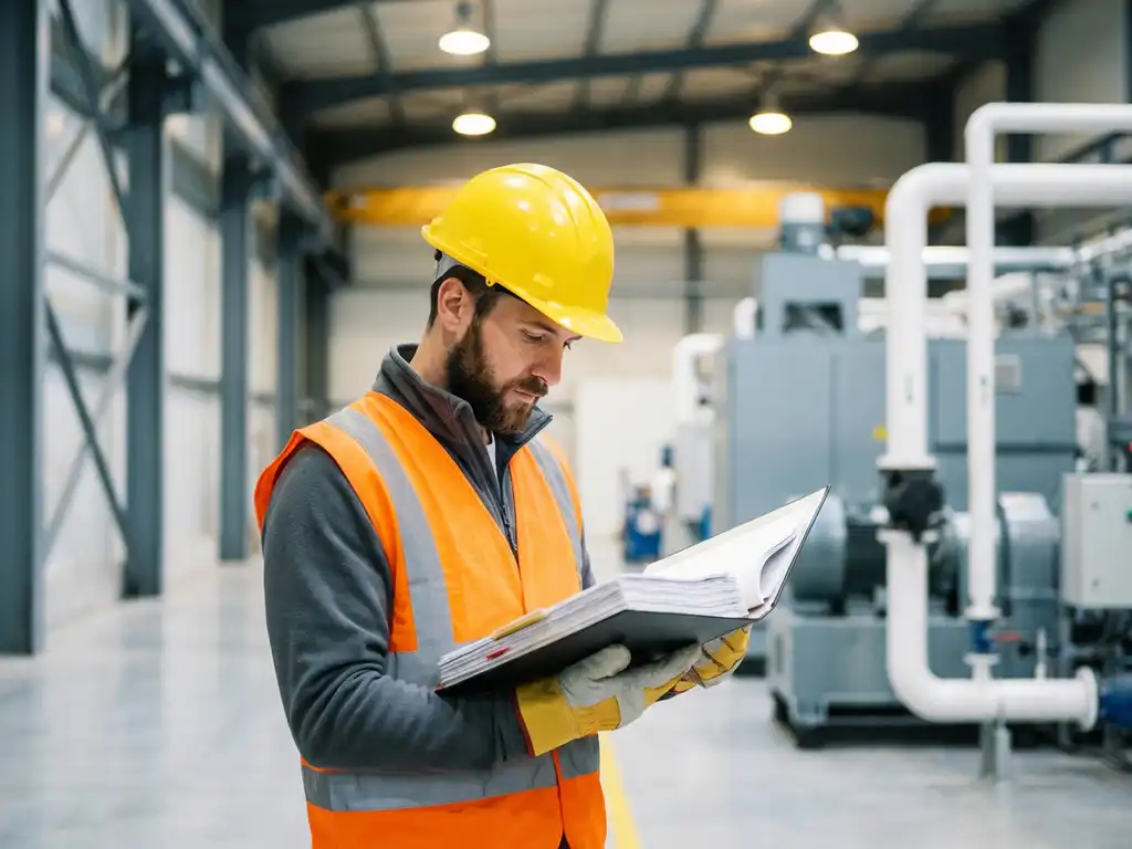 Sicherheitsbeauftragter mit Schutzhelm und Warnweste prüft Compliance-Dokument auf Klemmbrett in moderner Industrieanlage.