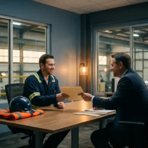 Sicherheitsbeauftragter erhält offiziellen Dokumentenordner von Manager im Industriebüro, Schutzhelm und Warnweste auf dem Konferenztisch.