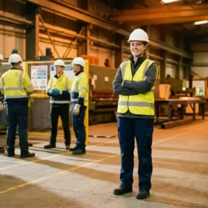 Sicherheitsbeauftragter mit Schutzhelm und Warnweste steht selbstbewusst in einer Industriehalle, Arbeiter im Hintergrund.
