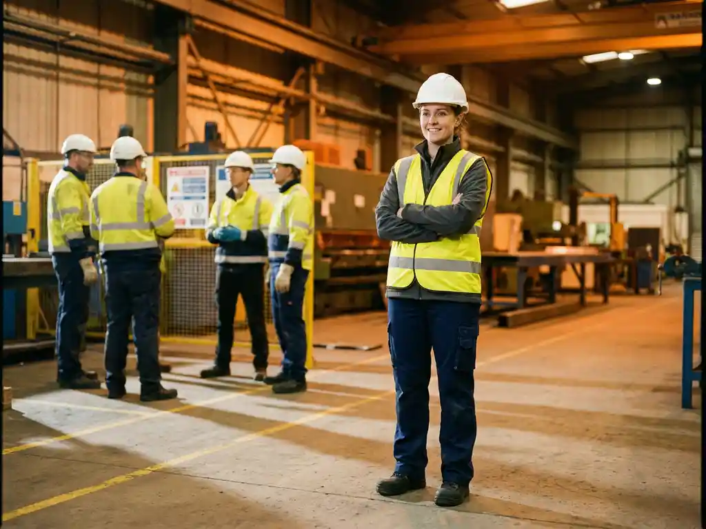 Sicherheitsbeauftragter mit Schutzhelm und Warnweste steht selbstbewusst in einer Industriehalle, Arbeiter im Hintergrund.