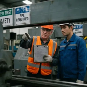Sicherheitsbeauftragter prüft Klemmbrett mit Verstoßprotokollen neben Arbeiter mit Schutzhelm in einer Fabrikhalle.
