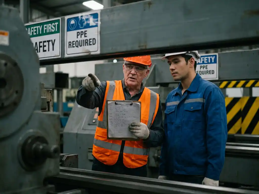 Sicherheitsbeauftragter prüft Klemmbrett mit Verstoßprotokollen neben Arbeiter mit Schutzhelm in einer Fabrikhalle.