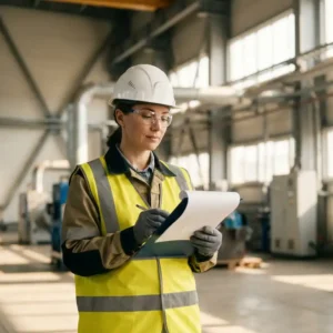 Sicherheitsbeauftragter mit Schutzhelm und Warnweste prüft Compliance-Dokument auf Klemmbrett in moderner Industrieanlage.