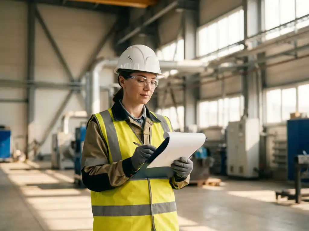 Sicherheitsbeauftragter mit Schutzhelm und Warnweste prüft Compliance-Dokument auf Klemmbrett in moderner Industrieanlage.