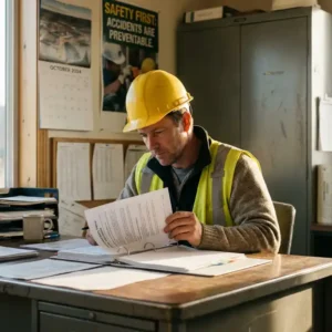 Sicherheitsbeauftragter mit Schutzhelm studiert Schulungsunterlagen an Industrieschreibtisch, Sicherheitsschilder im Hintergrund.
