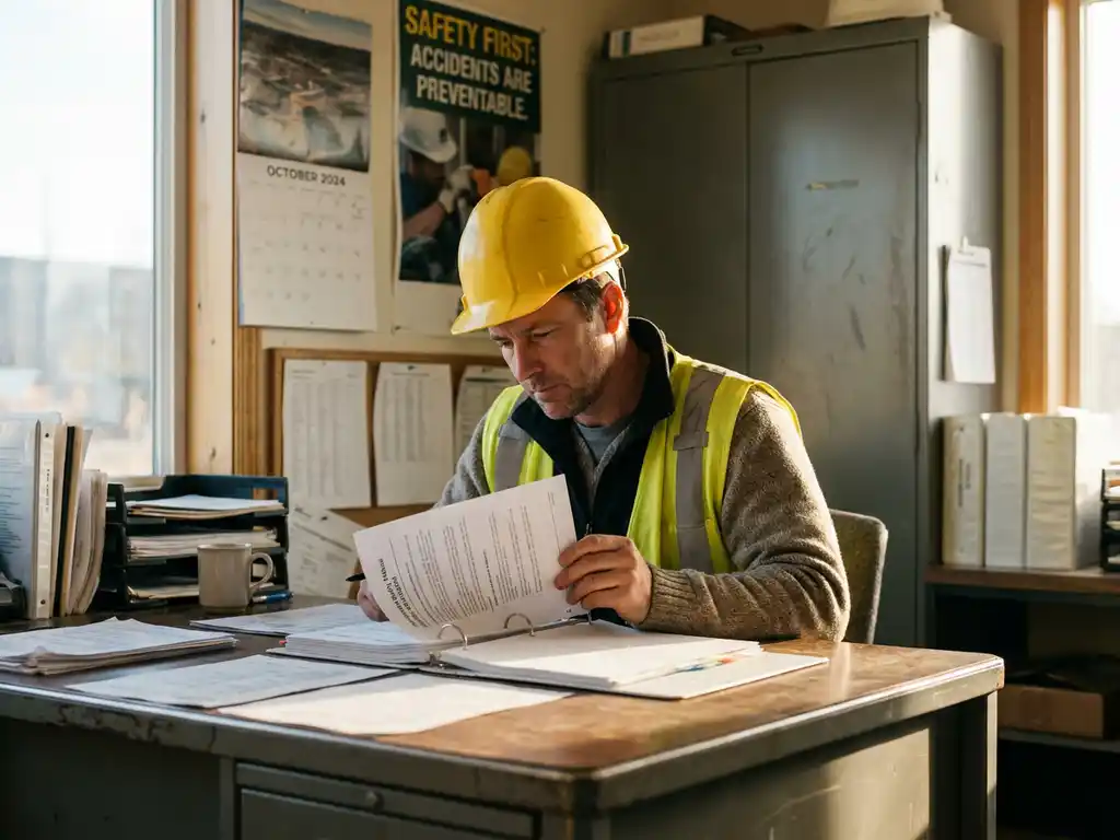 Sicherheitsbeauftragter mit Schutzhelm studiert Schulungsunterlagen an Industrieschreibtisch, Sicherheitsschilder im Hintergrund.