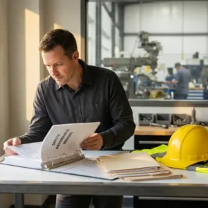 Sicherheitsbeauftragter studiert Schulungsunterlagen an Industriearbeitsplatz, gelber Schutzhelm und Warnweste neben Zertifizierungsordnern.