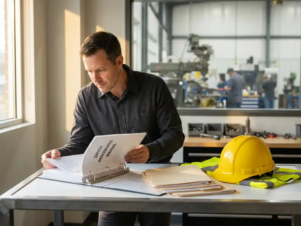 Sicherheitsbeauftragter studiert Schulungsunterlagen an Industriearbeitsplatz, gelber Schutzhelm und Warnweste neben Zertifizierungsordnern.