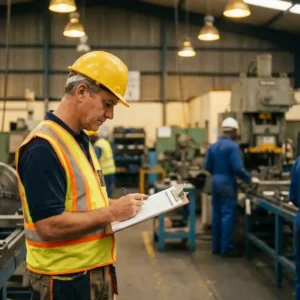 Sicherheitsberater mit Schutzhelm und Warnweste prüft Checkliste auf Klemmbrett in einer aktiven Industriefabrik.