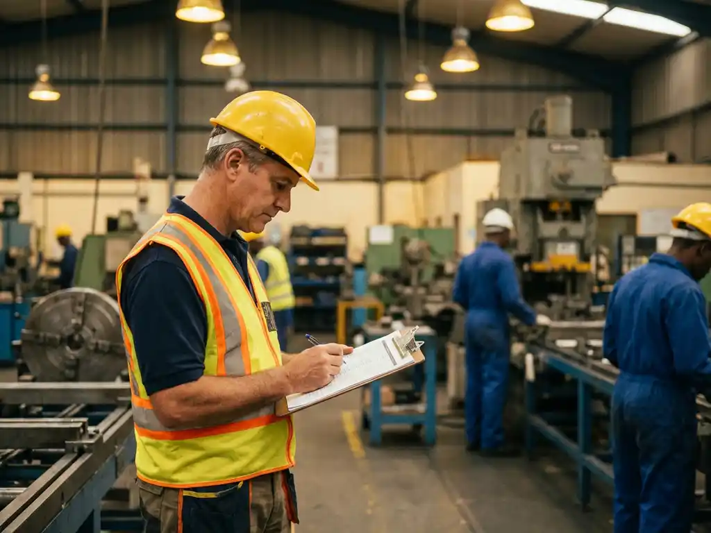 Sicherheitsberater mit Schutzhelm und Warnweste prüft Checkliste auf Klemmbrett in einer aktiven Industriefabrik.