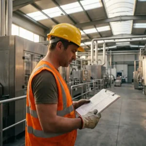 Sicherheitsberater mit Schutzhelm und Warnweste prüft Compliance-Checkliste auf Klemmbrett in moderner Industrieanlage.