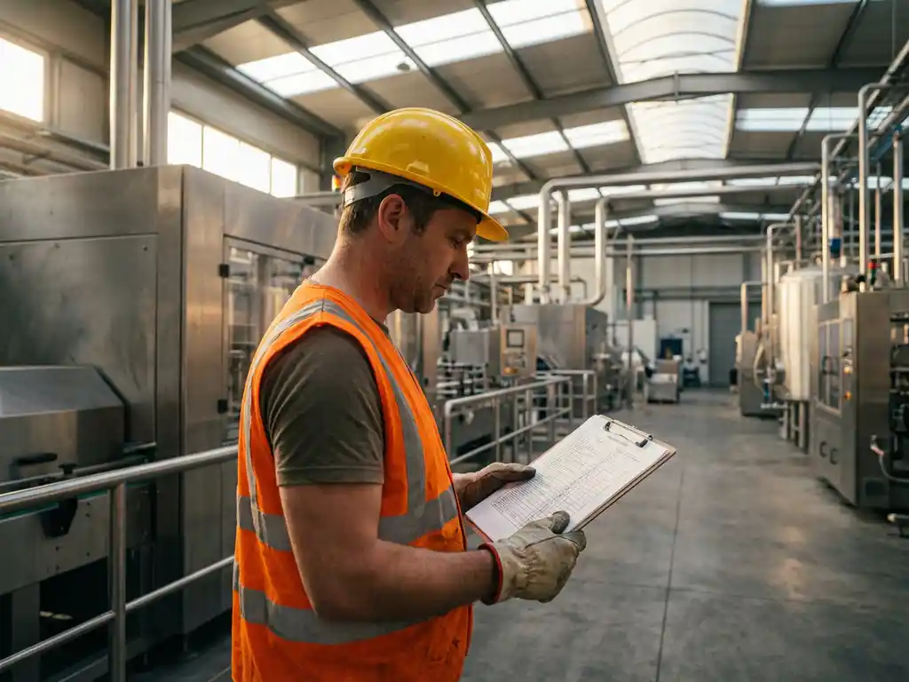 Sicherheitsberater mit Schutzhelm und Warnweste prüft Compliance-Checkliste auf Klemmbrett in moderner Industrieanlage.