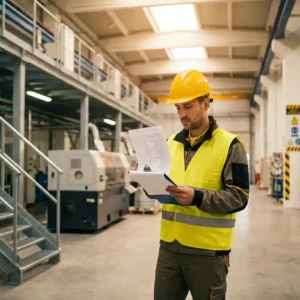 Sicherheitsberater mit Schutzhelm prüft Inspektionscheckliste auf Klemmbrett in moderner Industrieanlage mit Warnschildern.