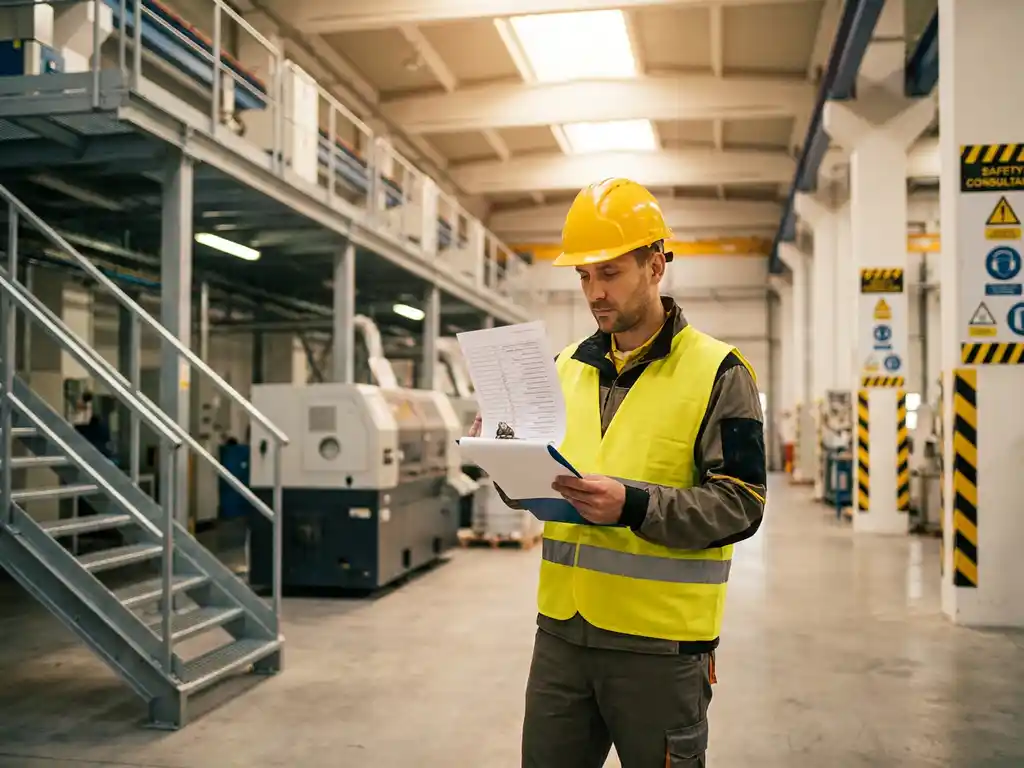 Sicherheitsberater mit Schutzhelm prüft Inspektionscheckliste auf Klemmbrett in moderner Industrieanlage mit Warnschildern.