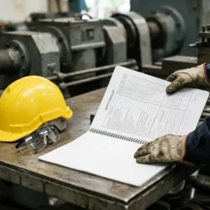Sicherheitsberater hält Checkliste auf Werkstatttisch, gelber Schutzhelm und Schutzbrille daneben, Industriemaschinen im Hintergrund.