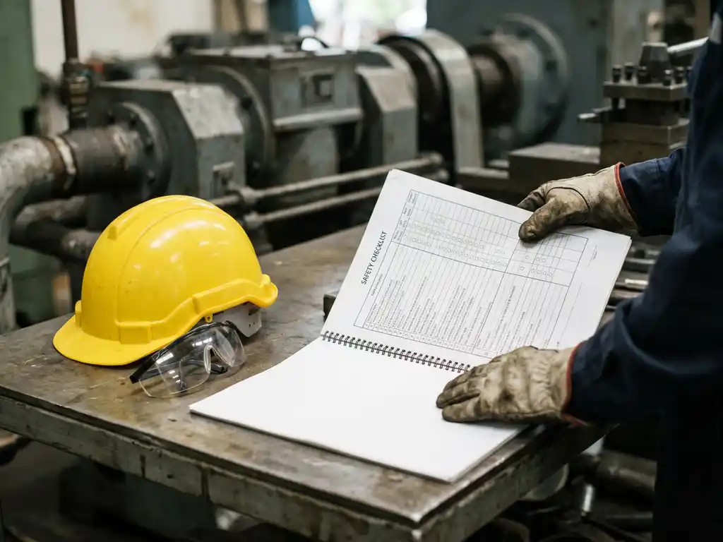 Sicherheitsberater hält Checkliste auf Werkstatttisch, gelber Schutzhelm und Schutzbrille daneben, Industriemaschinen im Hintergrund.