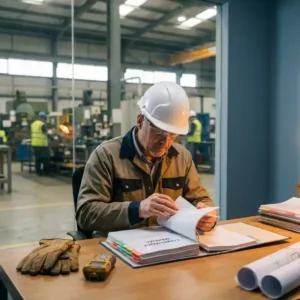 Sicherheitsberater mit Schutzhelm prüft Compliance-Ordner an Industriearbeitsplatz, Fabrikhalle im Hintergrund sichtbar.
