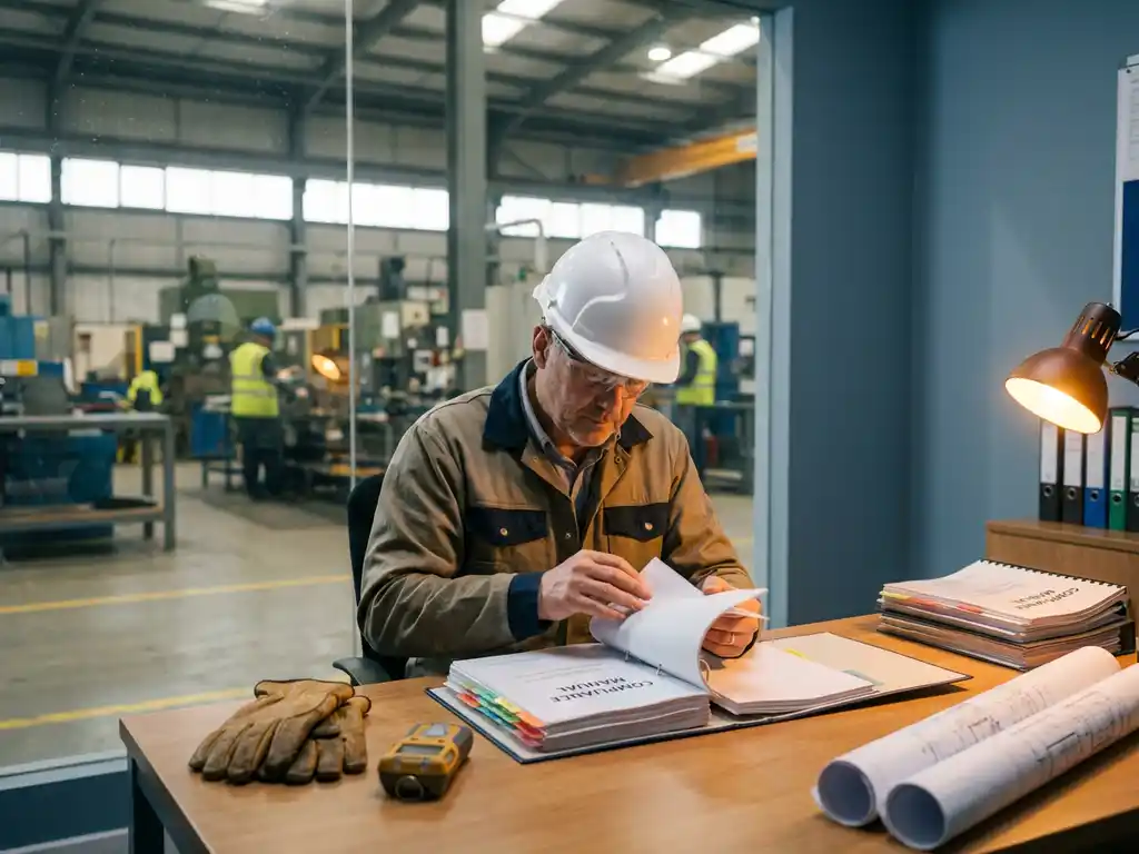 Sicherheitsberater mit Schutzhelm prüft Compliance-Ordner an Industriearbeitsplatz, Fabrikhalle im Hintergrund sichtbar.