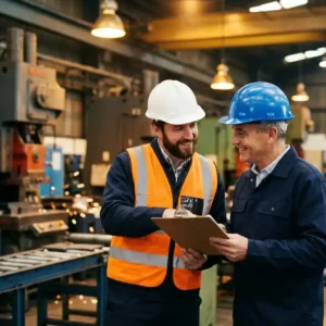 Sicherheitsberater und Werksleiter in Warnwesten prüfen Klemmbrett auf Industrieanlage mit schweren Maschinen im Hintergrund.