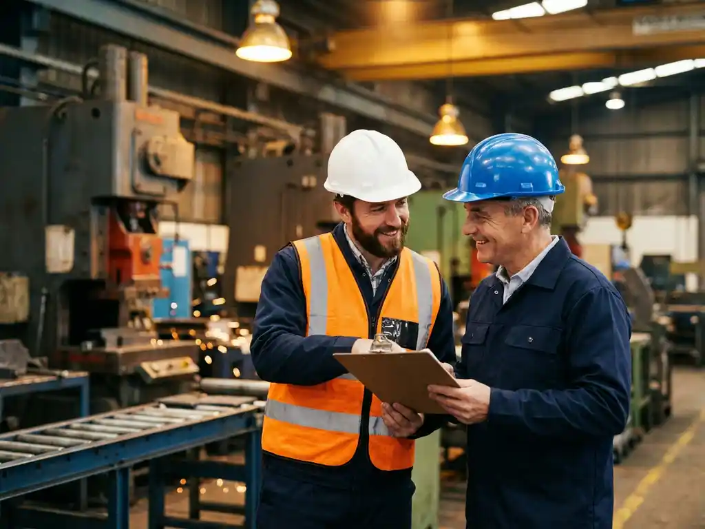 Sicherheitsberater und Werksleiter in Warnwesten prüfen Klemmbrett auf Industrieanlage mit schweren Maschinen im Hintergrund.