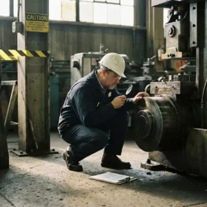 Sicherheitsberater untersucht Maschinenkomponente in Industriehalle, Klemmbrett am Boden, Warnmarkierungen im Hintergrund.