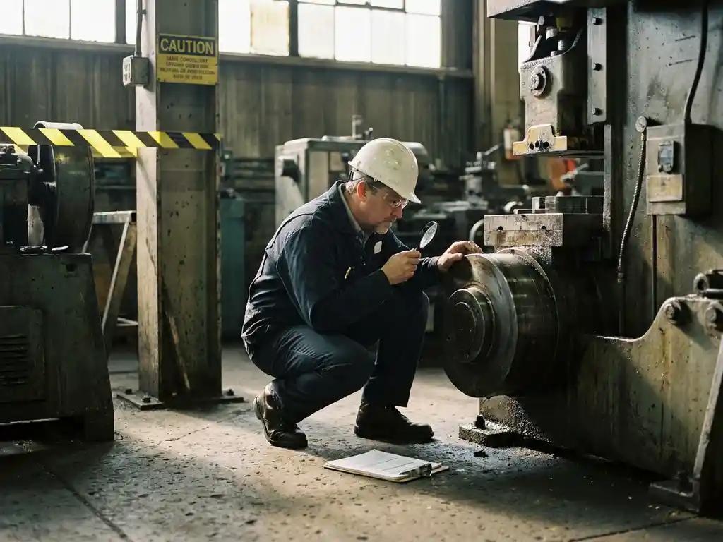 Sicherheitsberater untersucht Maschinenkomponente in Industriehalle, Klemmbrett am Boden, Warnmarkierungen im Hintergrund.