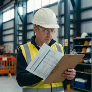 Sicherheitsberater prüft Kostenaufstellung auf Klemmbrett in moderner Industrieanlage mit Schutzausrüstung im Hintergrund.