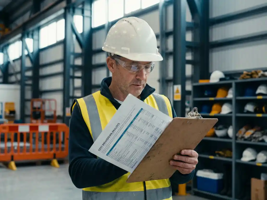 Sicherheitsberater prüft Kostenaufstellung auf Klemmbrett in moderner Industrieanlage mit Schutzausrüstung im Hintergrund.