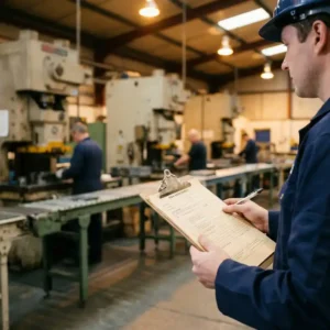 Sicherheitsberater prüft Risikobeurteilung auf Klemmbrett in Industriehalle mit schweren Maschinen im Hintergrund.