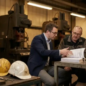 Sicherheitsberater und Fabrikleiter prüfen gemeinsam ein Risikobeurteilungsdokument, Industriemaschinen unscharf im Hintergrund.