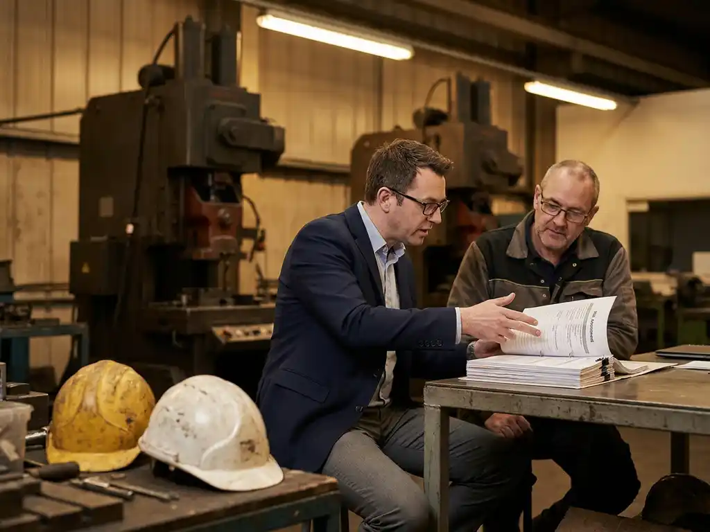 Sicherheitsberater und Fabrikleiter prüfen gemeinsam ein Risikobeurteilungsdokument, Industriemaschinen unscharf im Hintergrund.