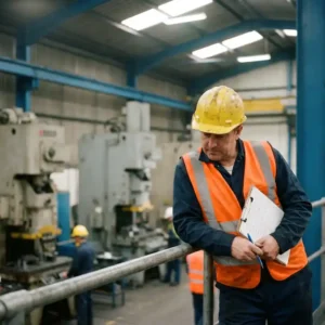 Sicherheitsberater mit Schutzhelm und Warnweste prüft Risikobeurteilung auf Klemmbrett in aktiver Industriehalle.