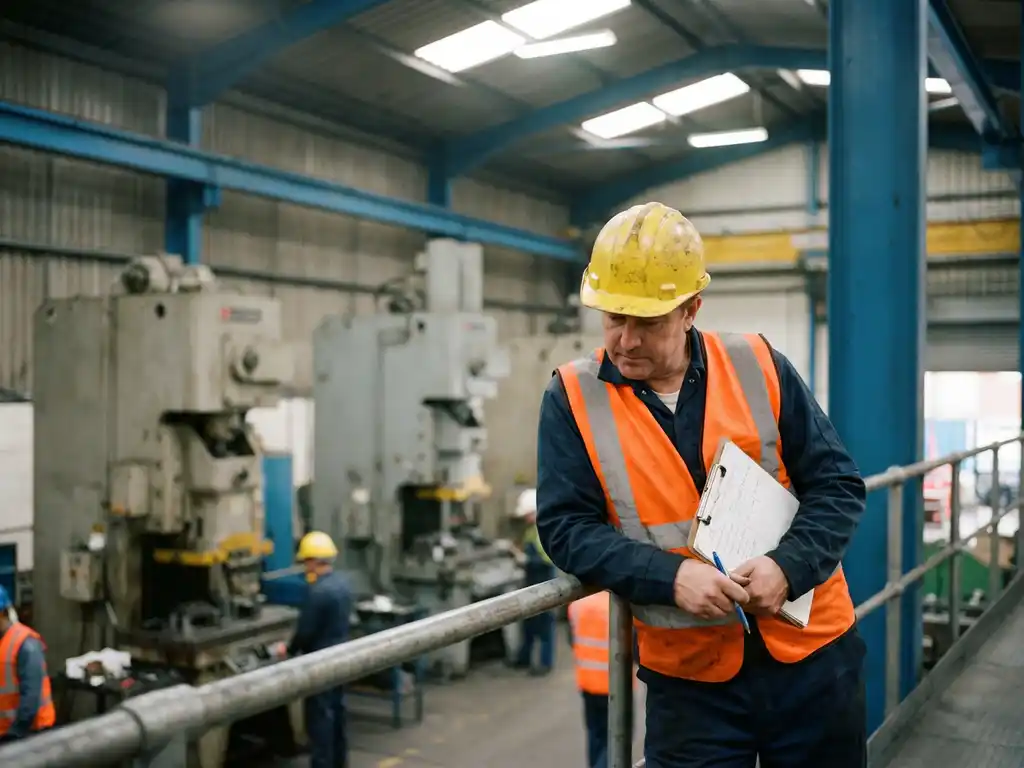 Sicherheitsberater mit Schutzhelm und Warnweste prüft Risikobeurteilung auf Klemmbrett in aktiver Industriehalle.