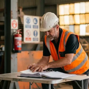 Sicherheitsberater mit Schutzhelm und Warnweste prüft Vorschriftenordner auf Industriegelände, Feuerlöscher im Hintergrund.