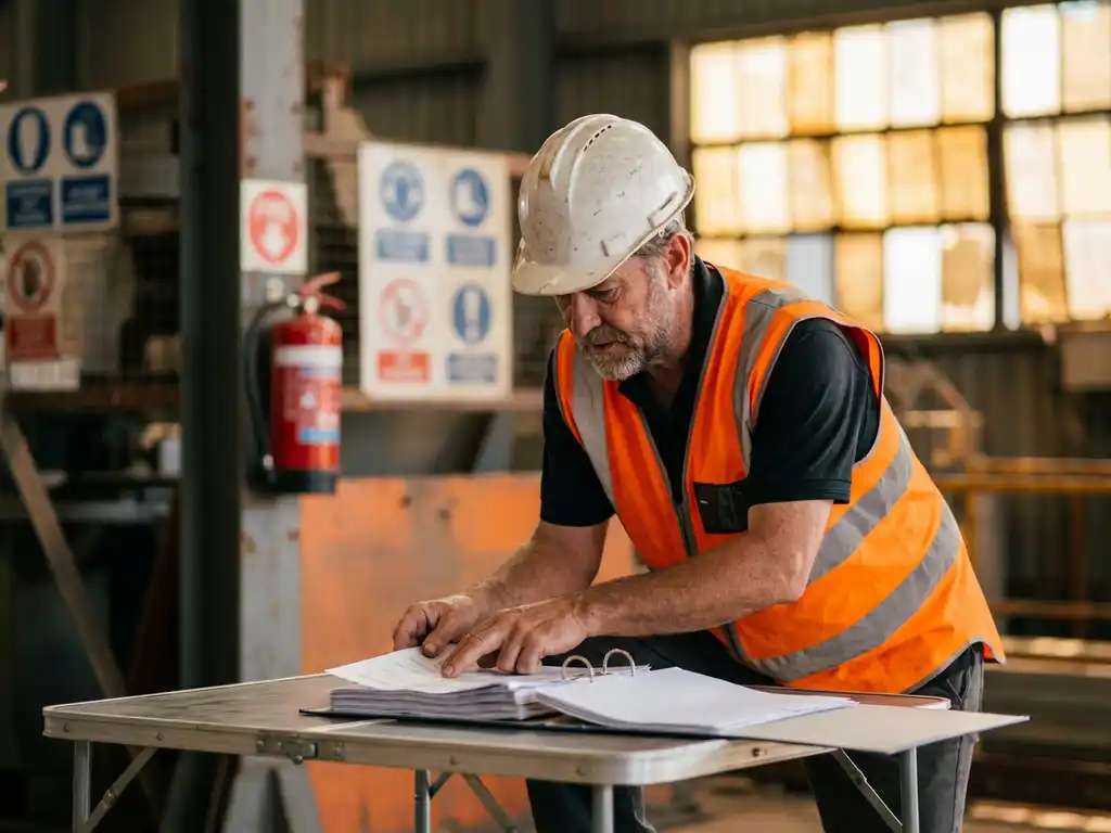 Sicherheitsberater mit Schutzhelm und Warnweste prüft Vorschriftenordner auf Industriegelände, Feuerlöscher im Hintergrund.