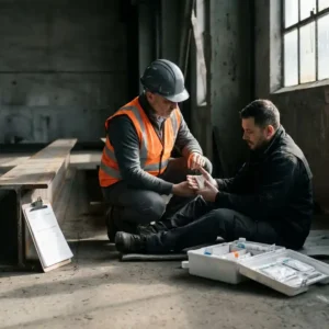 Sicherheitsberater mit Schutzhelm kniet neben verletztem Arbeiter auf Fabrikboden, Erste-Hilfe-Kasten und Klemmbrett daneben.