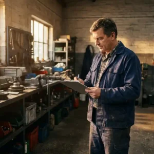 Kleinunternehmer in Arbeitskleidung prüft Sicherheits-Checkliste auf Klemmbrett in einer Werkstatt mit Werkzeugen im Hintergrund.