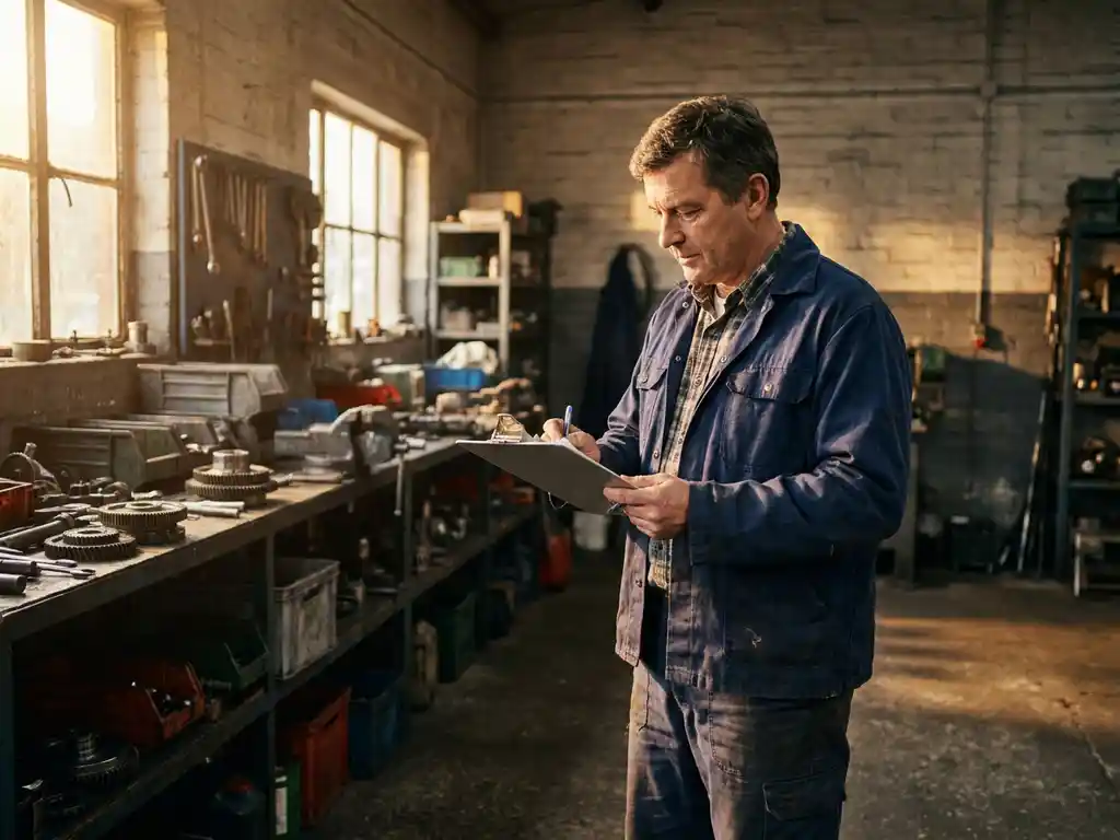 Kleinunternehmer in Arbeitskleidung prüft Sicherheits-Checkliste auf Klemmbrett in einer Werkstatt mit Werkzeugen im Hintergrund.