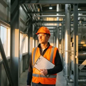 Arbeiter in Warnweste und Schutzhelm prüft Sicherheitscheckliste auf Klemmbrett in moderner Industrieanlage.