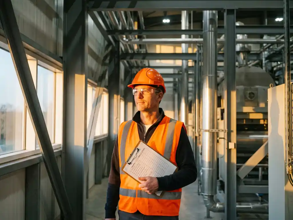 Arbeiter in Warnweste und Schutzhelm prüft Sicherheitscheckliste auf Klemmbrett in moderner Industrieanlage.