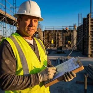Bauarbeiter in gelbem Sicherheitsweste und weißem Schutzhelm prüft Checkliste auf Klemmbrett vor Stahlgerüst und Betonbauten.