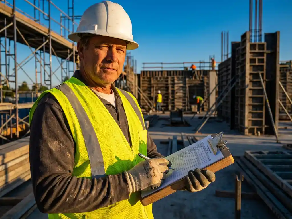 Bauarbeiter in gelbem Sicherheitsweste und weißem Schutzhelm prüft Checkliste auf Klemmbrett vor Stahlgerüst und Betonbauten.