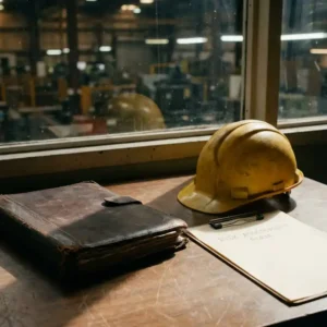 Abgenutzter Aktenordner und gelber Schutzhelm auf Holzschreibtisch neben einem Risikobewertungsformular, Fabrikhalle im Hintergrund.