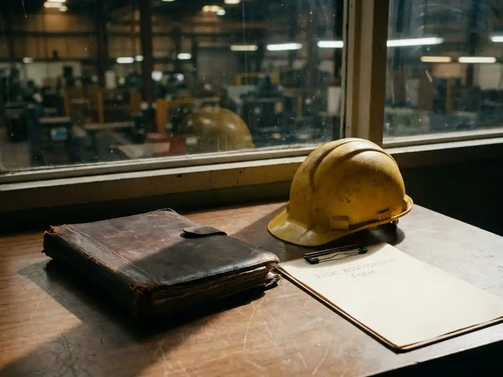 Abgenutzter Aktenordner und gelber Schutzhelm auf Holzschreibtisch neben einem Risikobewertungsformular, Fabrikhalle im Hintergrund.