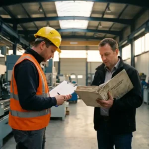 Sicherheitsfachkraft mit Schutzhelm und Warnweste prüft Checkliste, Kollege konsultiert Vorschriftenordner auf modernem Fabrikboden.