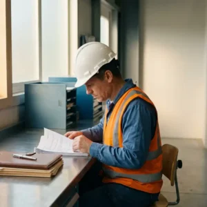 Arbeitsschutzfachkraft mit Schutzhelm und Warnweste prüft Dokumente an einem Industriearbeitsplatz im weichen Tageslicht.