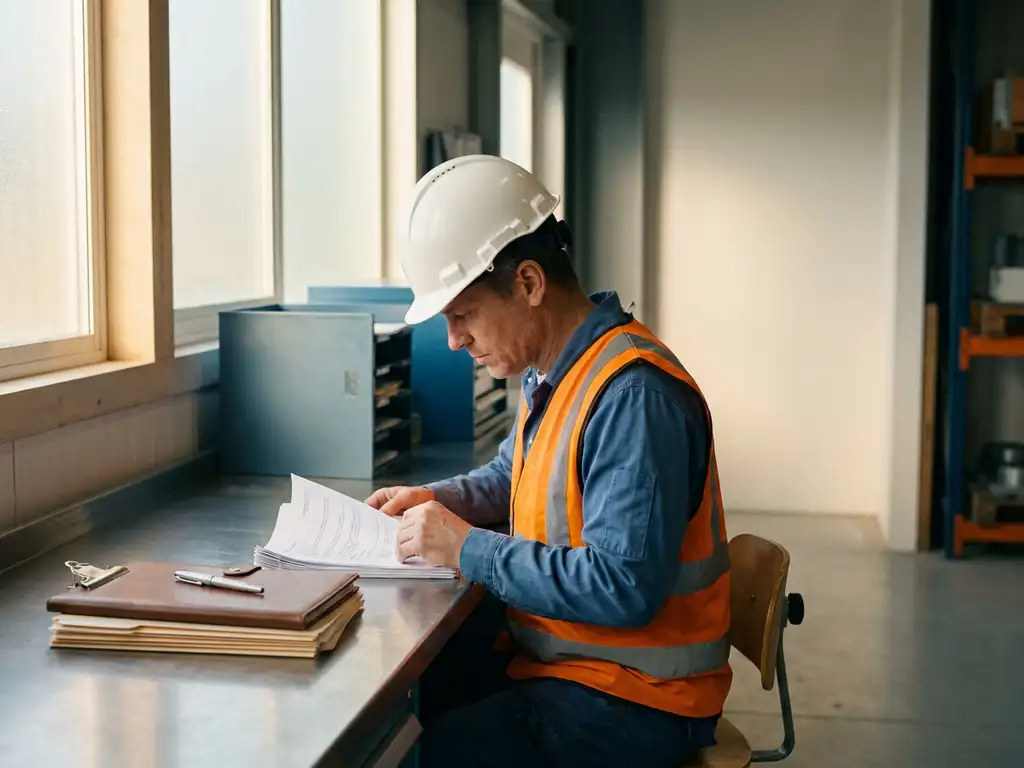 Arbeitsschutzfachkraft mit Schutzhelm und Warnweste prüft Dokumente an einem Industriearbeitsplatz im weichen Tageslicht.