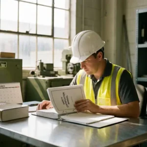 Sicherheitsfachkraft mit Schutzhelm und Warnweste prüft Zertifizierungsordner an Industrieschreibtisch, Kalender und Vorschriftenhandbuch daneben.