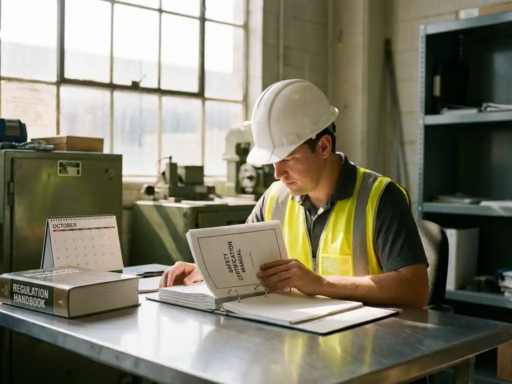 Sicherheitsfachkraft mit Schutzhelm und Warnweste prüft Zertifizierungsordner an Industrieschreibtisch, Kalender und Vorschriftenhandbuch daneben.